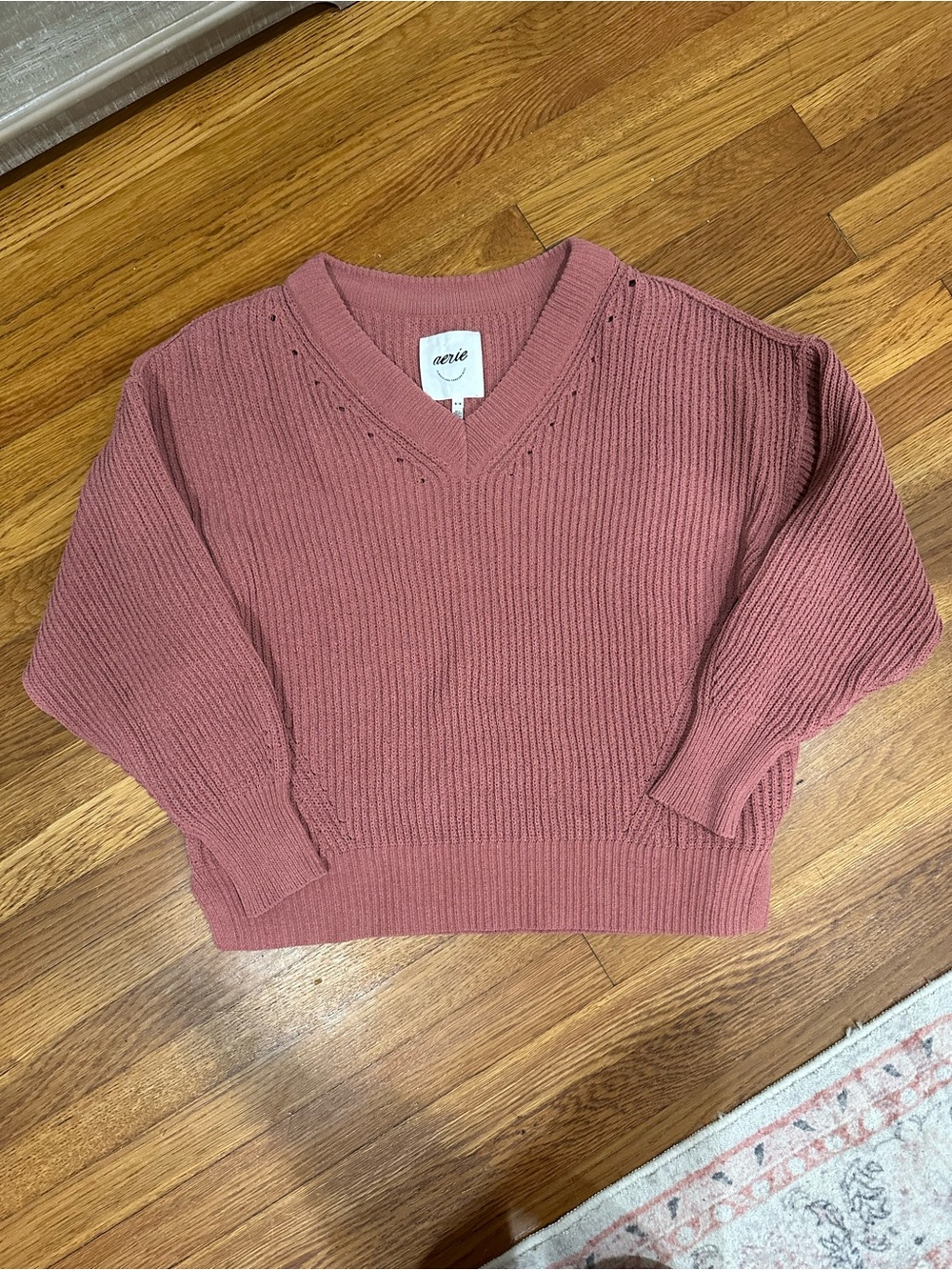 aerie V-Neck Ribbed Sweater - Rosewood
